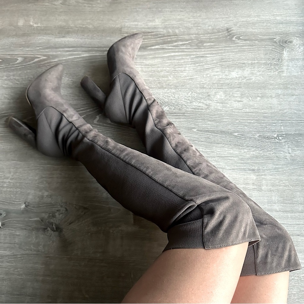 Steve Madden, over knee, suede boots in taupe, 4.5” block heel, size 8.5